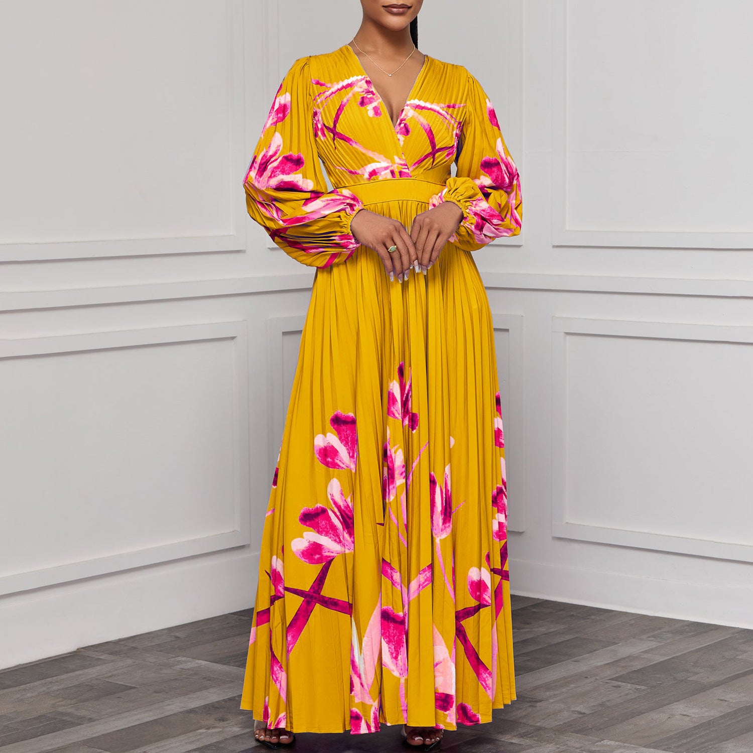 Women's V-Neck Long Sleeve Printed Pleated Chic Long Dress 4