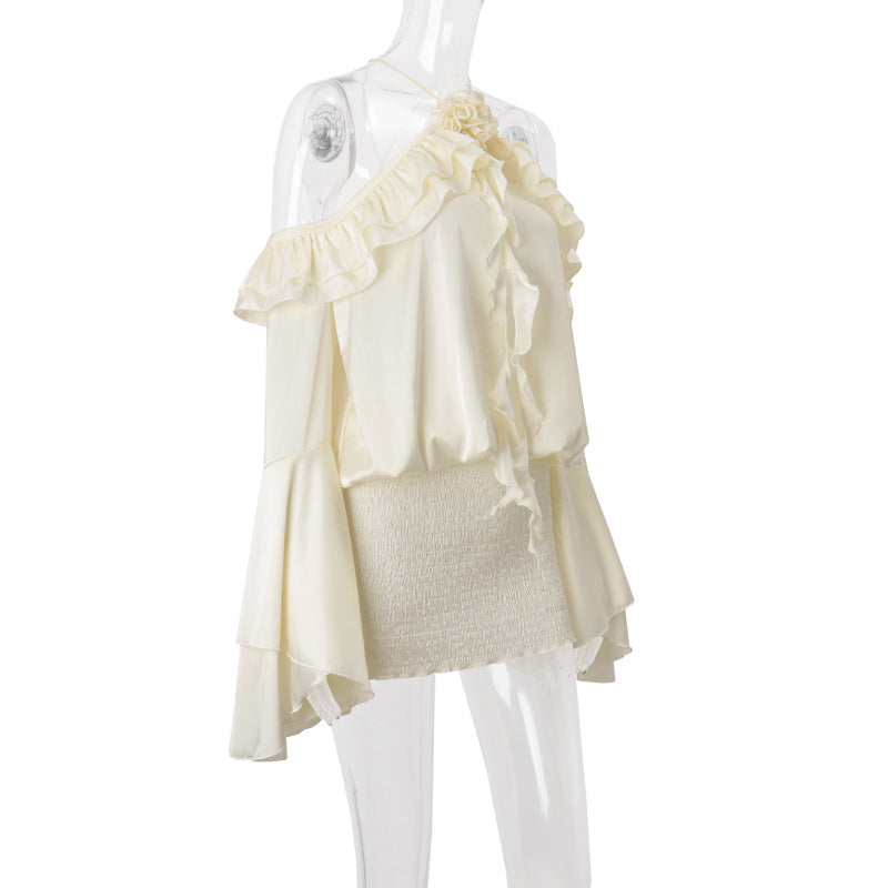 Women autumn sexy French off-shoulder ruffled Bell Bottom sleeve dress 6