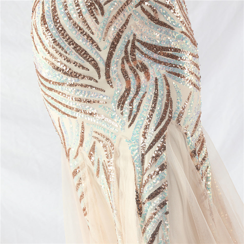 Sequin Mesh Patchwork Strapless Mermaid Evening Dress 35