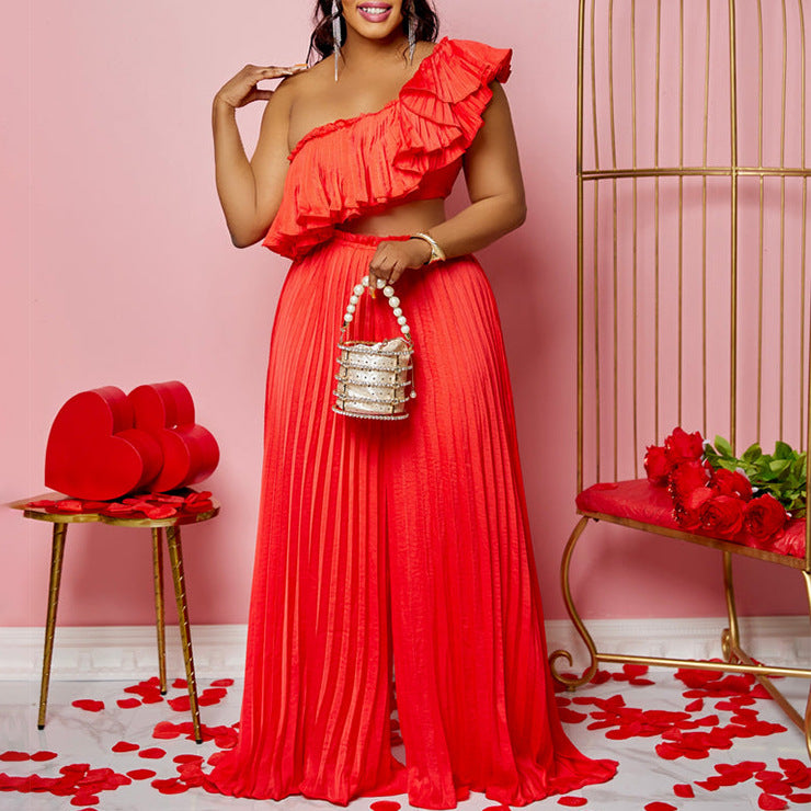 Women's Slash Shoulder Low Back Ruffled Sexy Top Pleated Wide Leg Pant Two-Piece Set 3