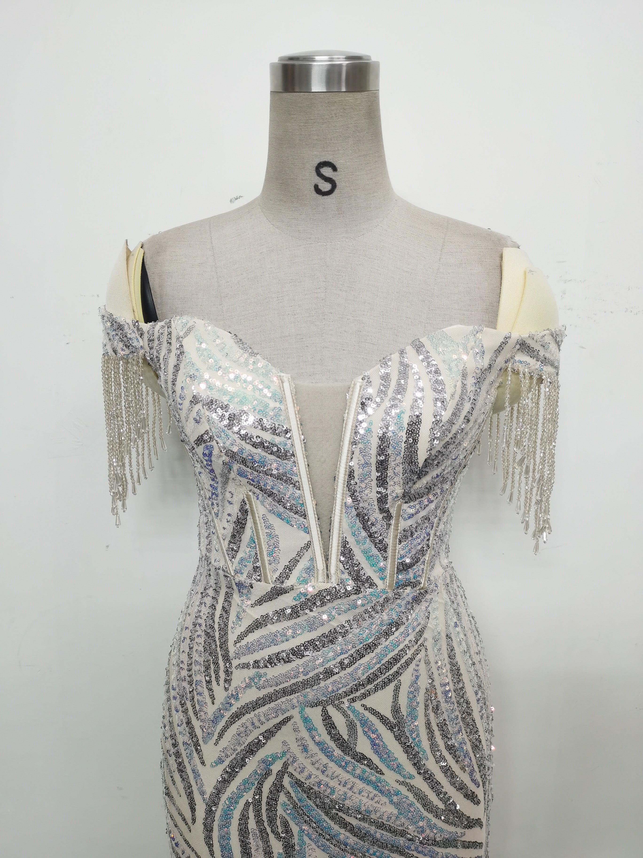 Off Shoulder Tassels Fishbone Slim Waist Lace-Up Sequin Evening Dress 19