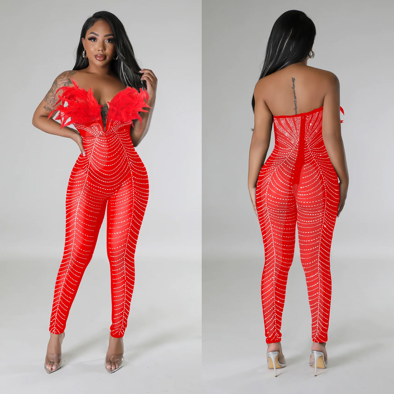 Women Solid Sexy Mesh Beaded Jumpsuit 10