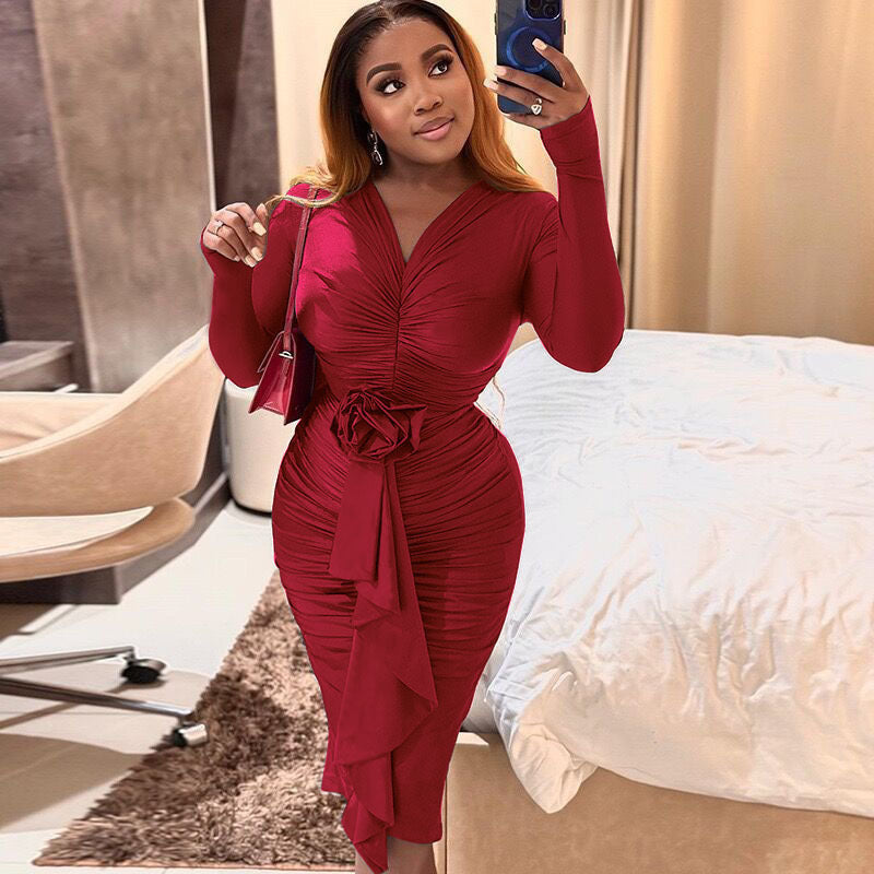 Women's Autumn And Winter Long Sleeve V-Neck Flower Sexy Bodycon Dress 8