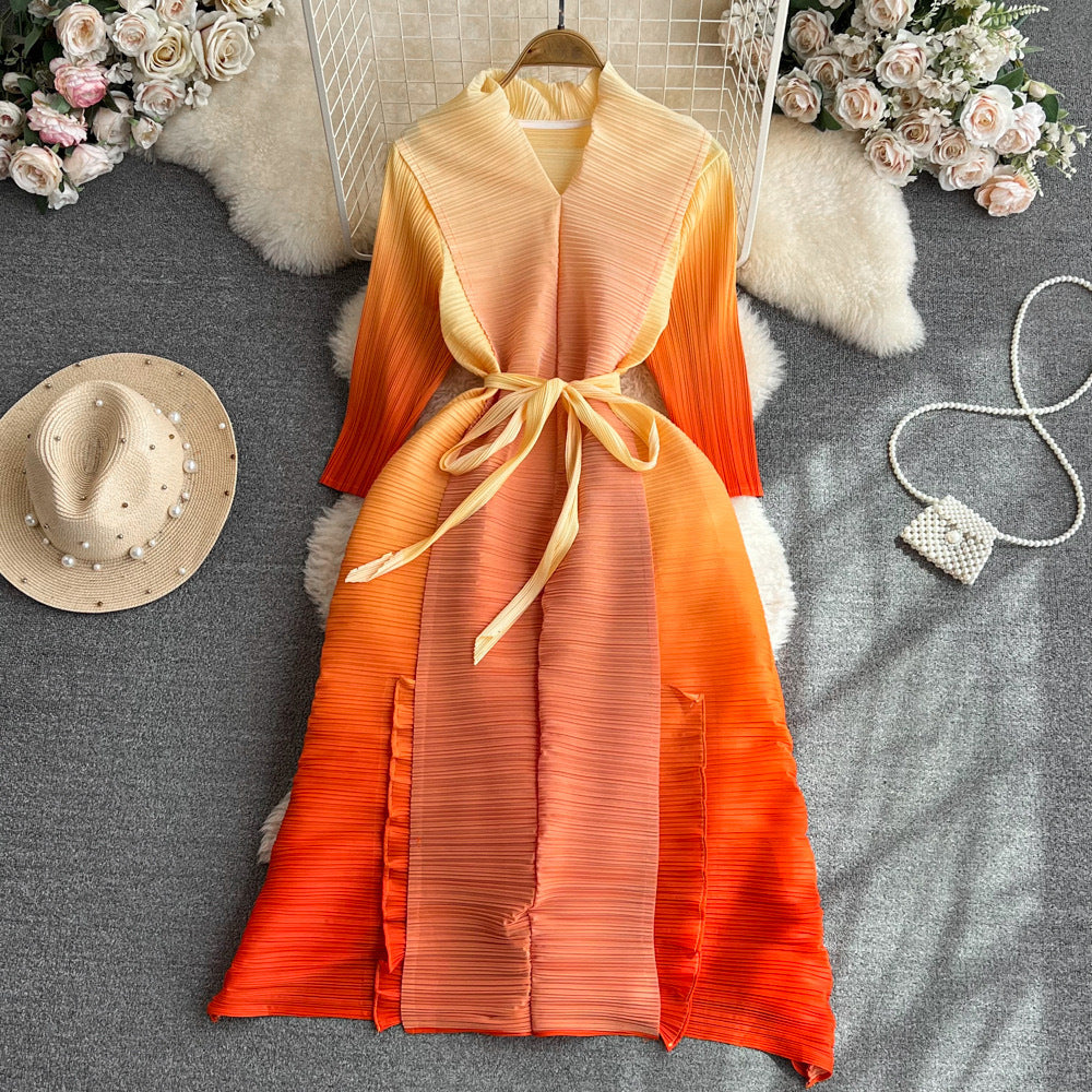 Women Pleated Long Sleeve Turndown Collar Lace-up Gradient Dress 4