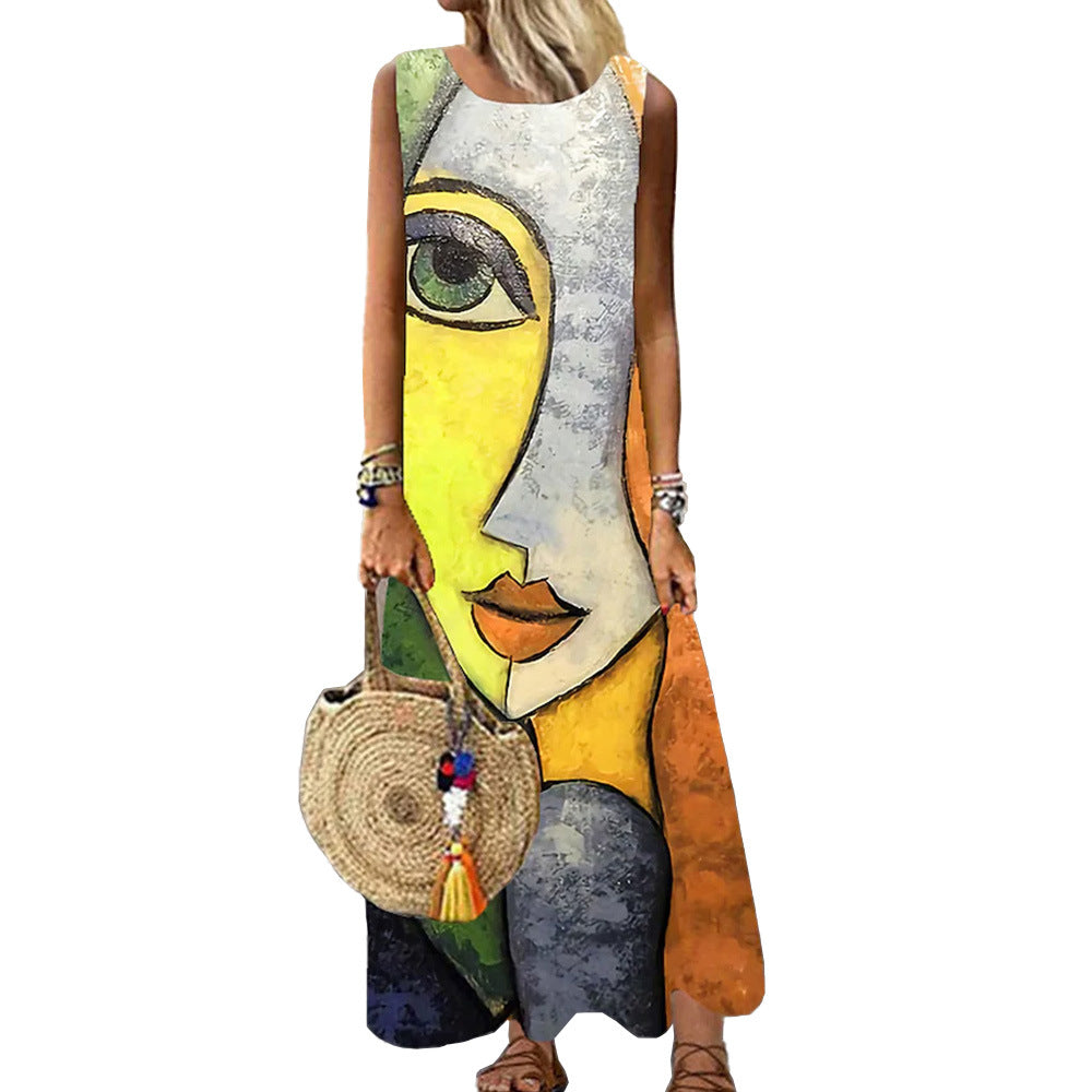 Women Vintage Print Sleeveless Round Neck Maxi Dress 11