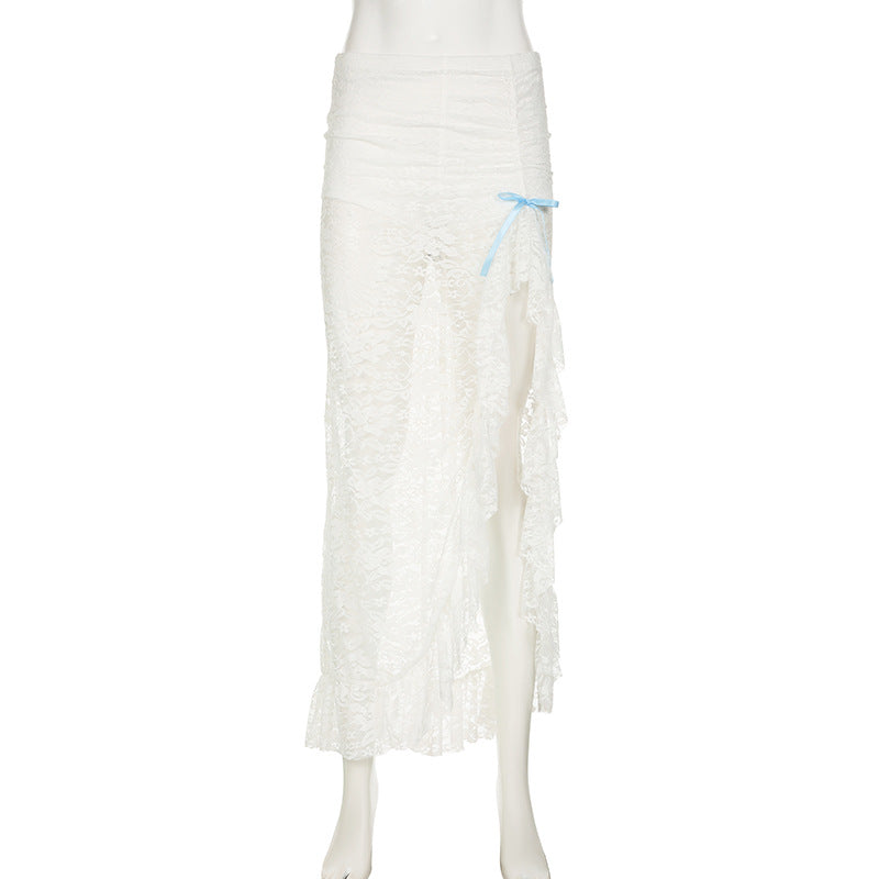Lace Jacquard See-Through Ruffle Bow Detail Slit Skirt 8