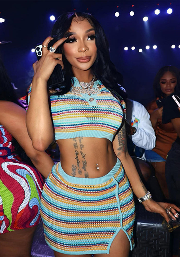 Fashion Turndown Collar Short Sleeve Crop Stripe Colorblock Sexy Knitting Short Slim Fit Women's Dress