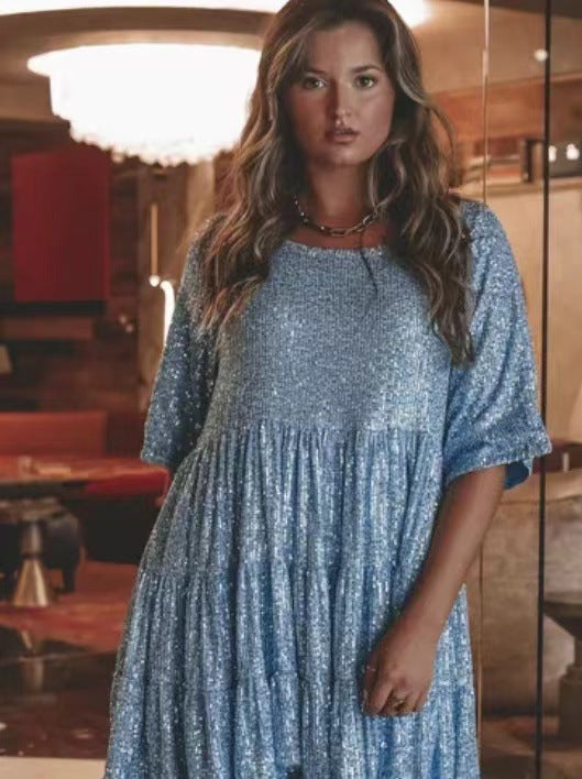 Women 's Sequin Half Sleeve Round Neck Ruffle Loose Formal Party Dress 25