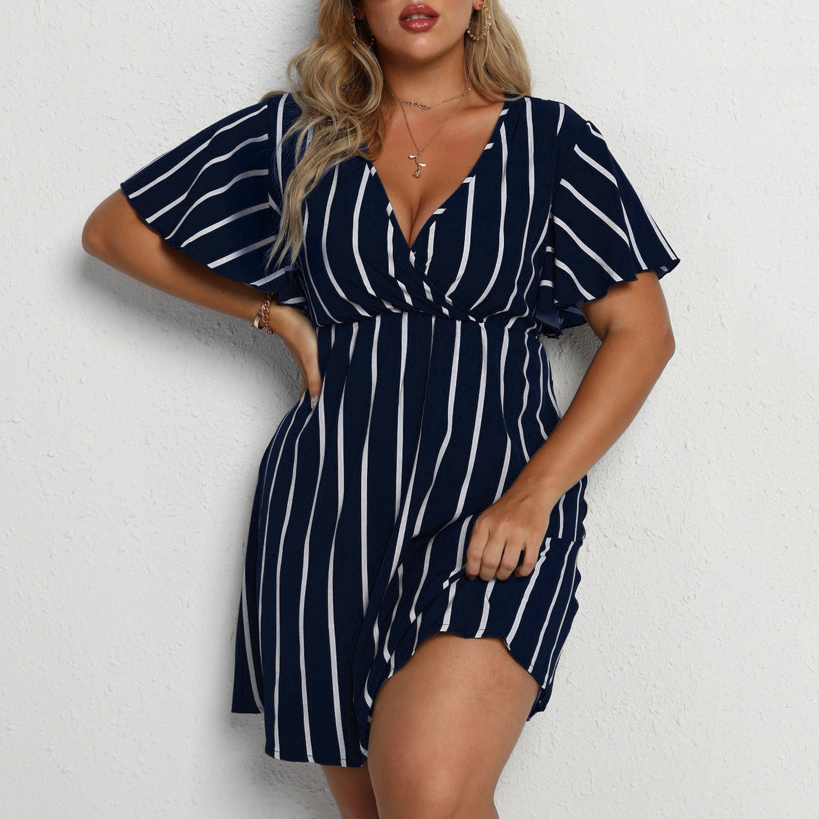 Plus Size Women Striped V-Neck Short Sleeve Loose Bohemian Dress 6