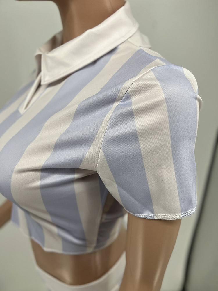 Women Summer Stripe Print Lace-Up Sexy Backless Two-Piece Set 17