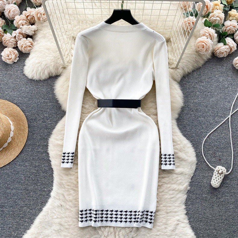 Women V-Neck Double-Breasted Long-Sleeved Knitting Dress 7