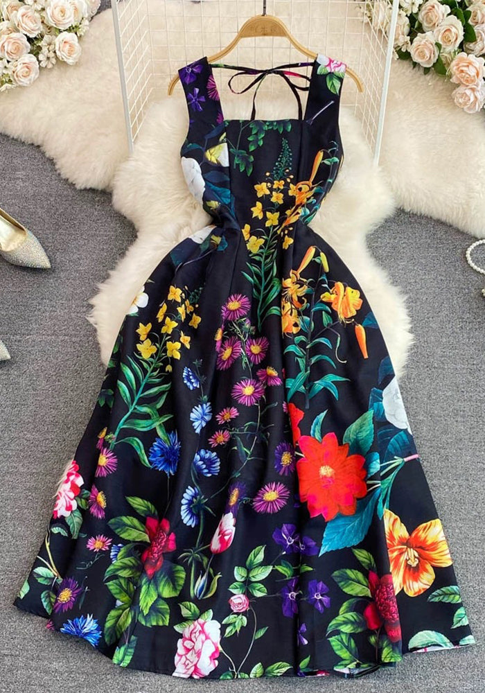 Women French Sleeveless Backless Printed Dress