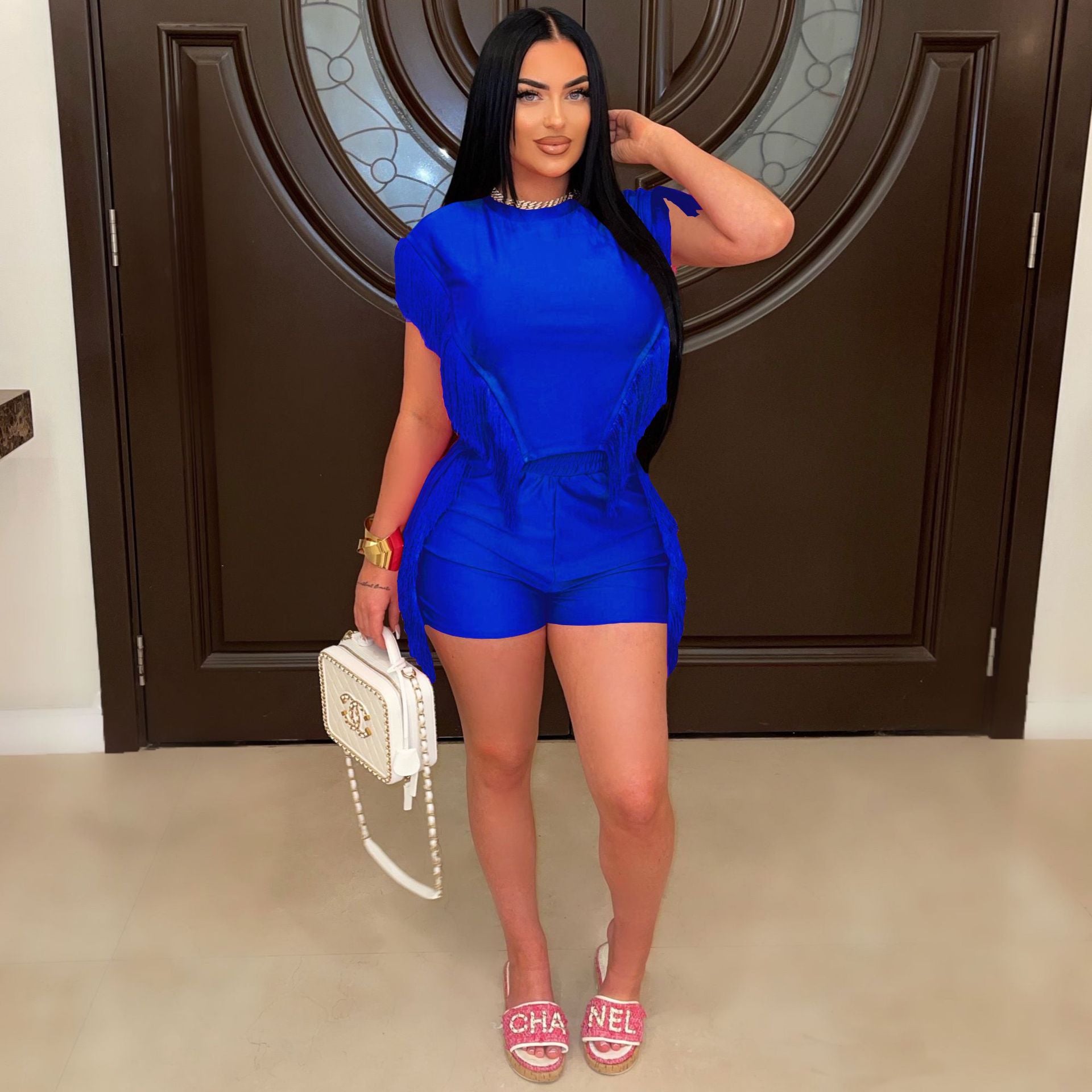 Women Short Sleeve Top and Tassel Pants Two-piece Set 3