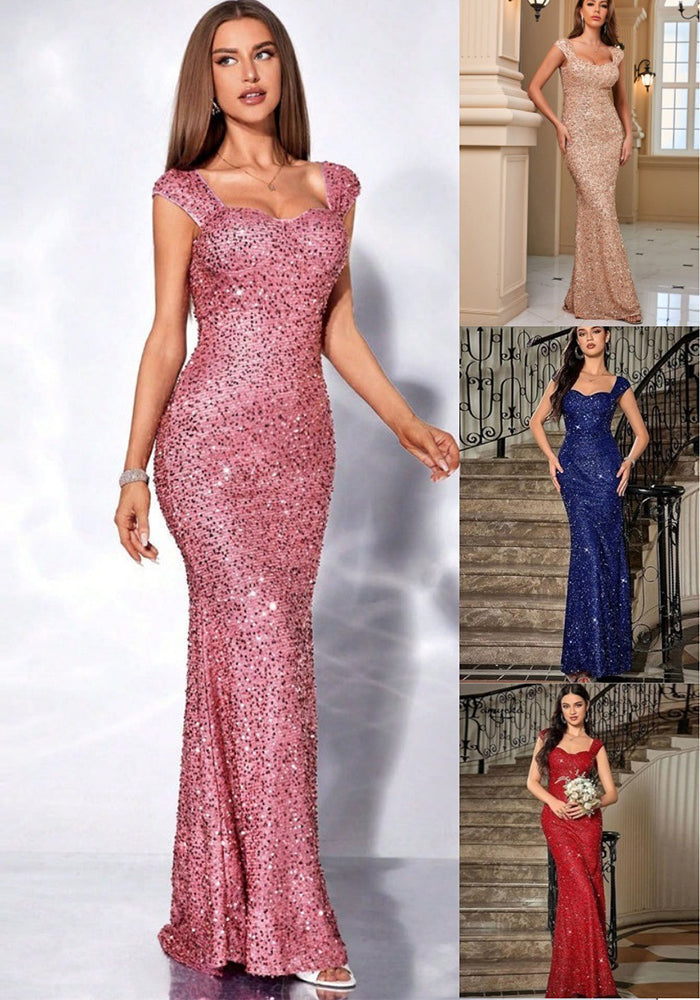 Women Solid U-Neck Sequined Strappy Fishtail Evening Dress