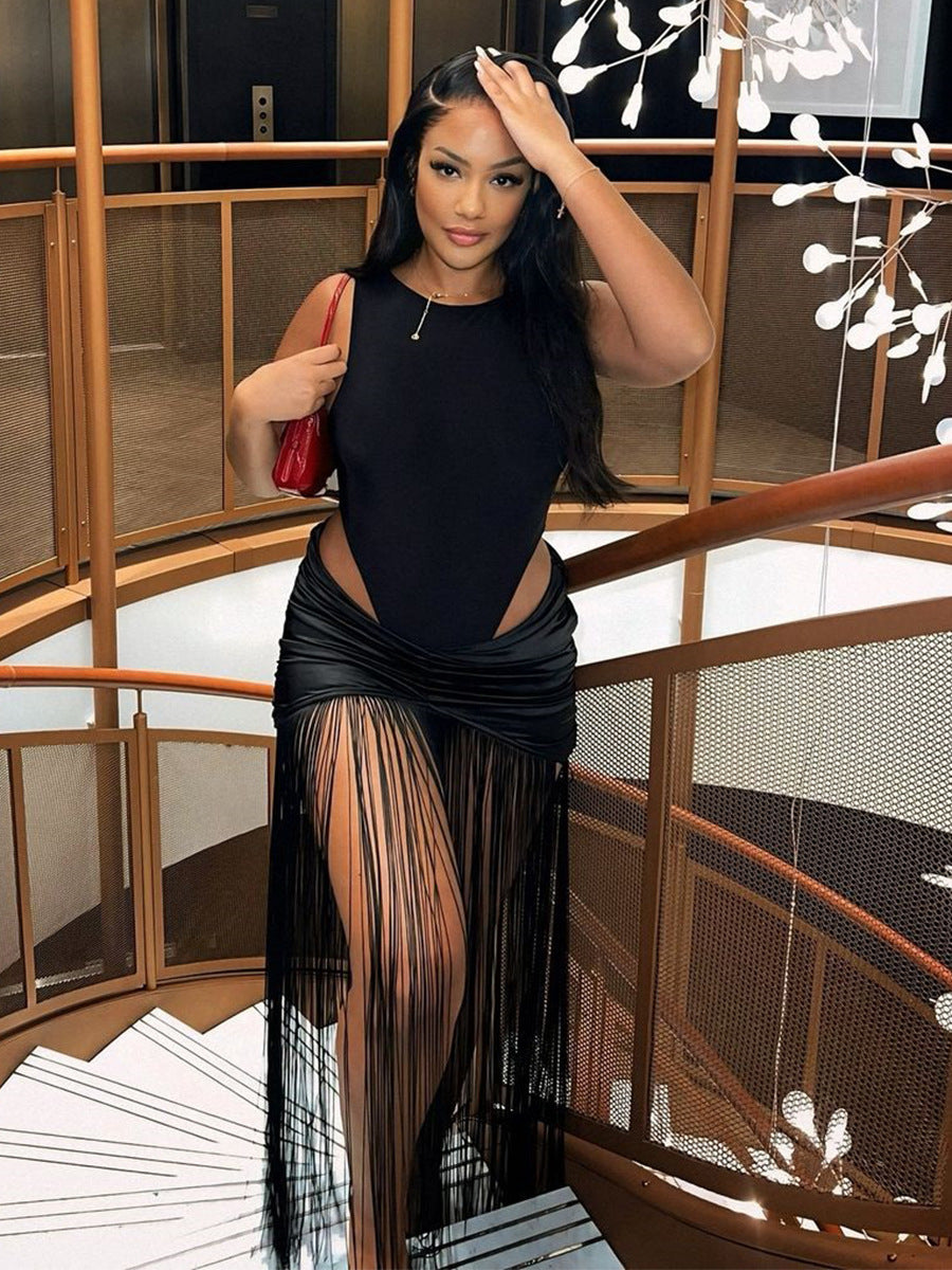 Women's Autumn Sleeveless Slim Fit Bodysuit Sexy Fringe Skirt Set 4
