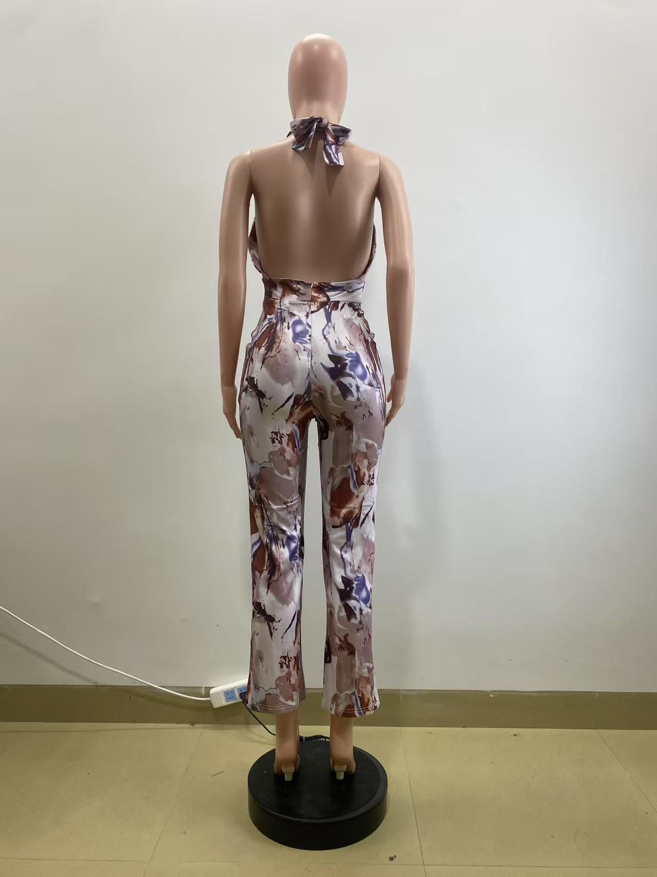 Summer Floral Print Halter Neck Low Back Slim Waist Sleeveless Trendy Jumpsuit 5