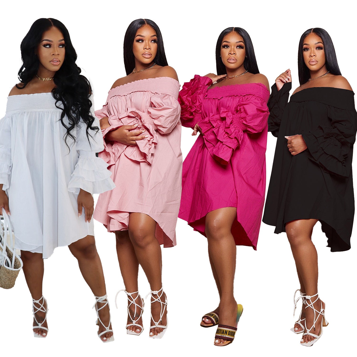 Summer Solid Off Shoulder Ruffled Long Sleeve Loose Casual Dress 6