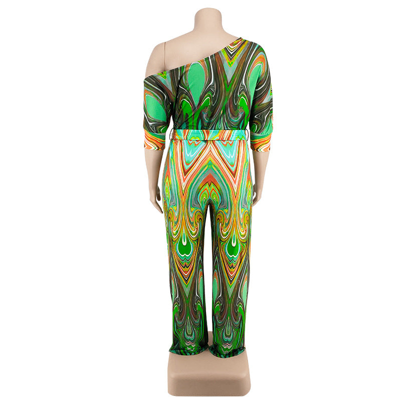Plus Size Women's Summer Slash Shoulder Print Short Sleeve Wide Leg Jumpsuit 13