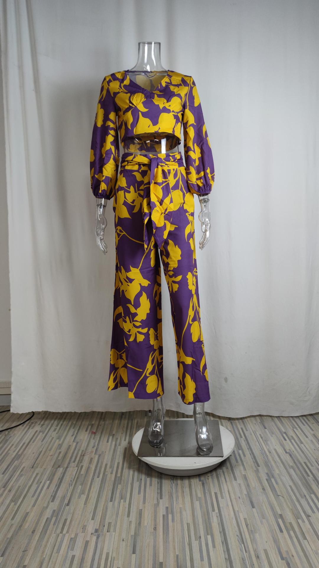 Women v-neck lantern sleeve short top and wide-leg pants two-piece set 23