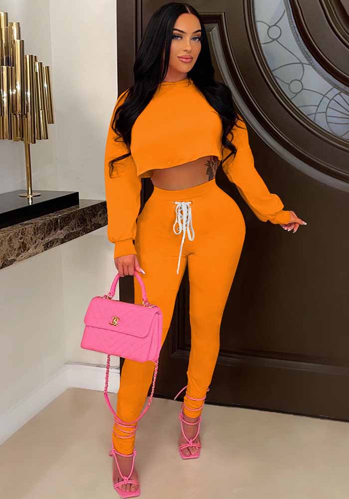 Women Autumn/Winter Long Sleeve Top+Lace-Up Pants Solid Color Two-piece Set