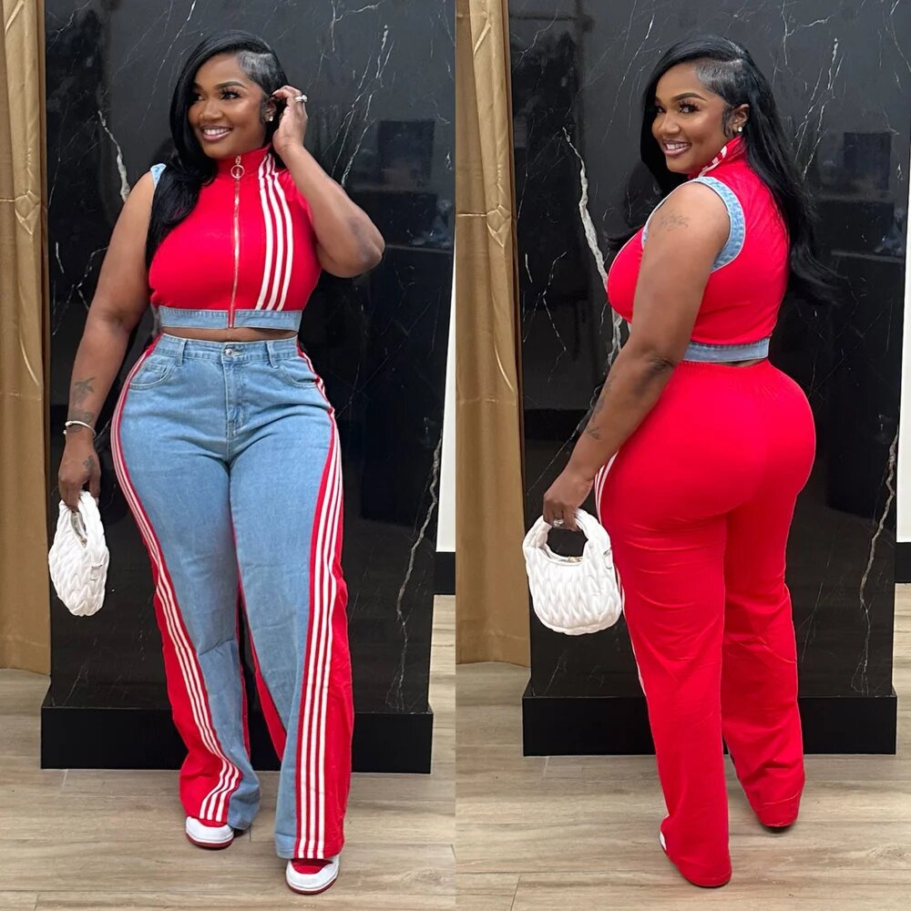 Women casual webbing patchwork top and denim wide-leg pants two-piece set