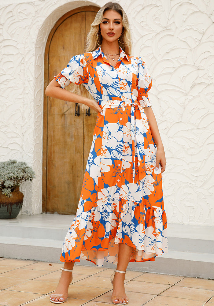 Women's Summer Print Turndown Collar Belt Slim Waist Long Dress