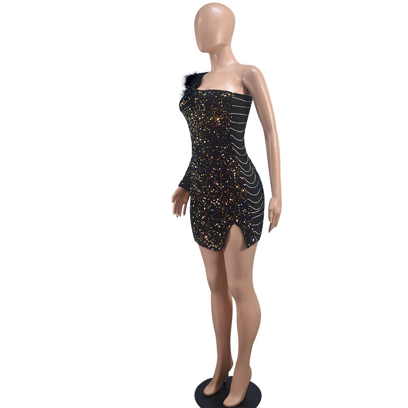 Women's Fashionable Sexy Slim One Shoulder Sequined Evening Dress 21