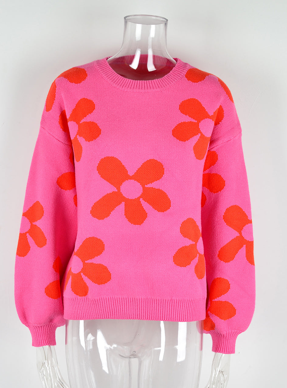 Autumn and winter women's printed sweater pullover flower plus size sweater 38