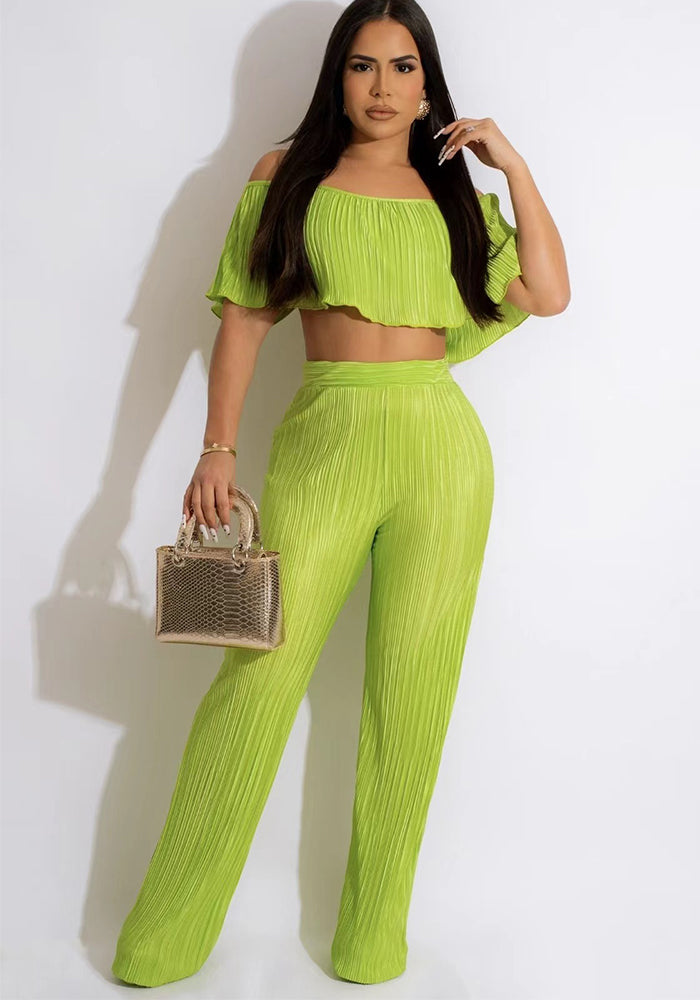 Women'S Solid Color Off-Shoulder Top Bell Bottom Pants Two-Piece Set