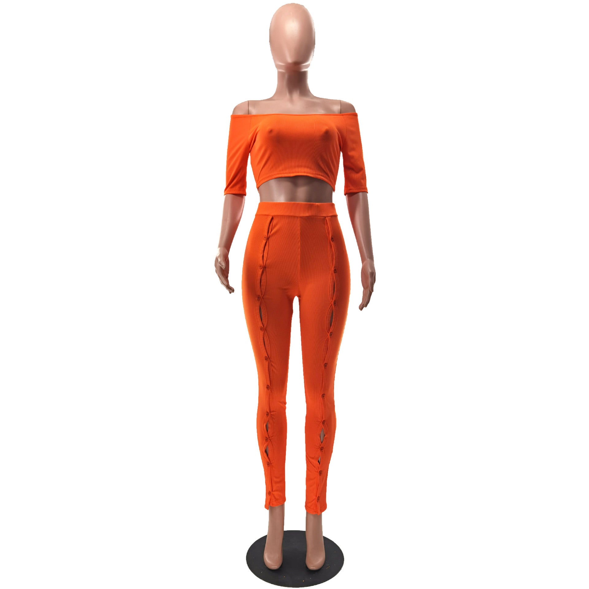 Women Summer Sexy Off Shoulder Short Sleeve Top and Button Pants Two-Piece Set 10