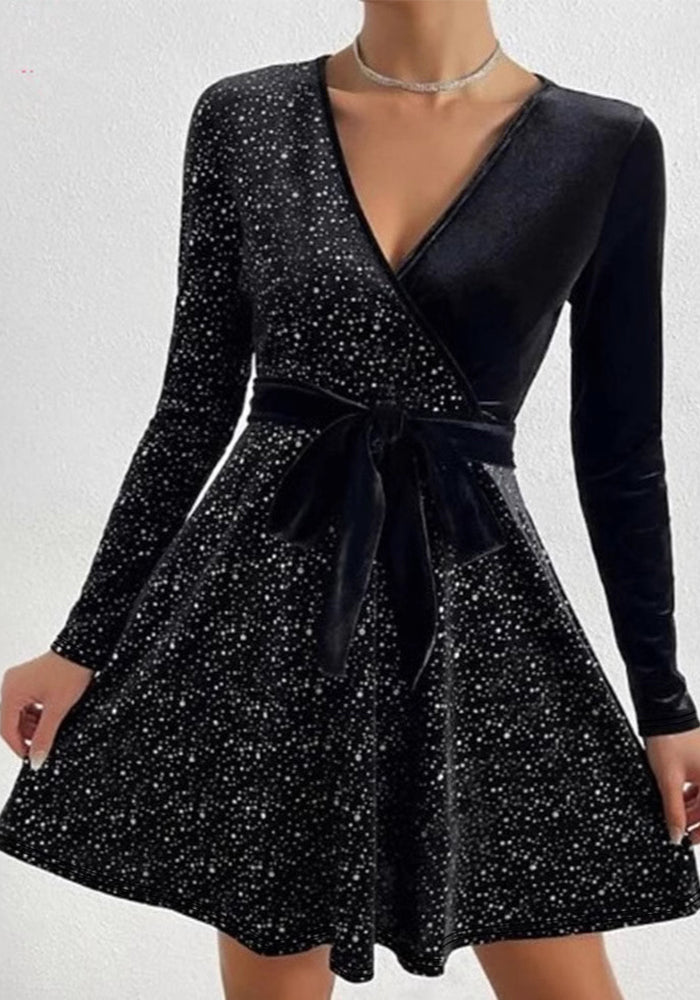 Spring Women's Fashion Elegant Long-Sleeve V-Neck Sequin Dress