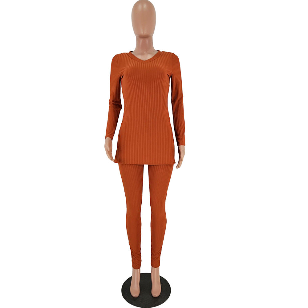 Women slit Ribbed sexy Top and Pant two-piece set 10