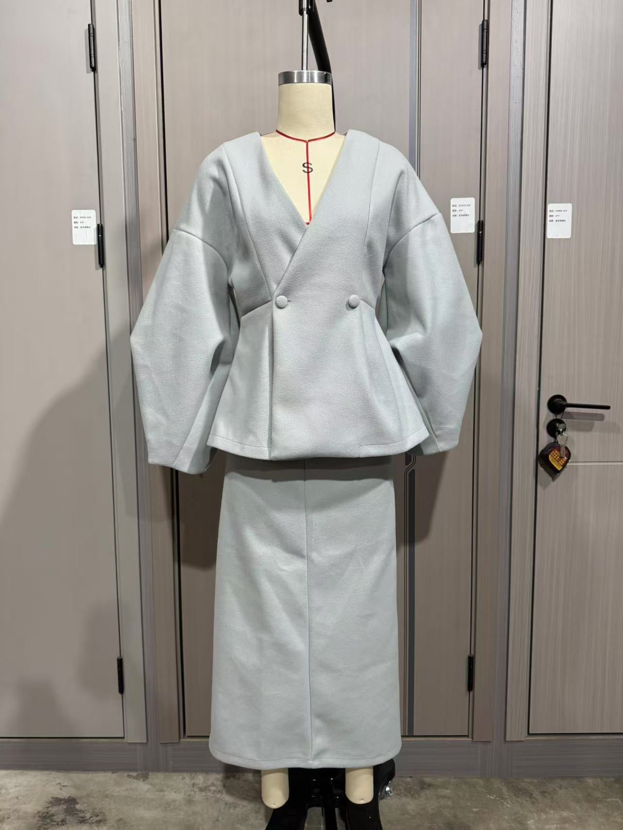 Women Solid Button Puff Sleeve Top and Skirt Two Piece Set 13