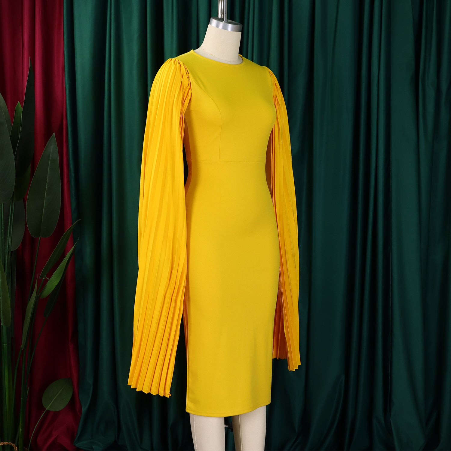 Women's Fashion Solid Color Round Neck Pleated Shawl Sleeve Formal Party Evening Dress 14