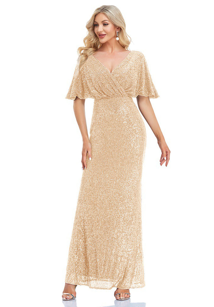 Women short sleeve v-neck fishtail formal party evening dress