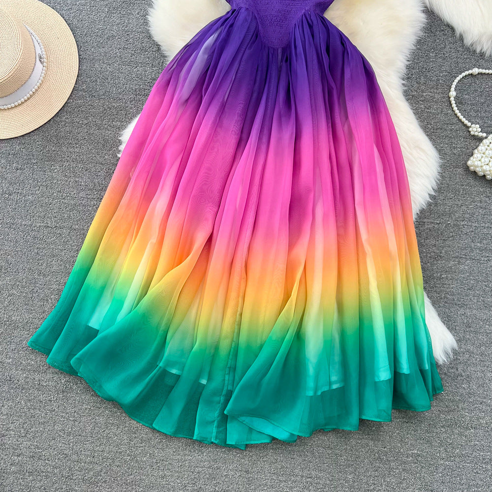 Fashion Chic Sleeveless Round Neck Slim Waist A-Line Rainbow Gradient Chiffon Elegant Long Dress 4