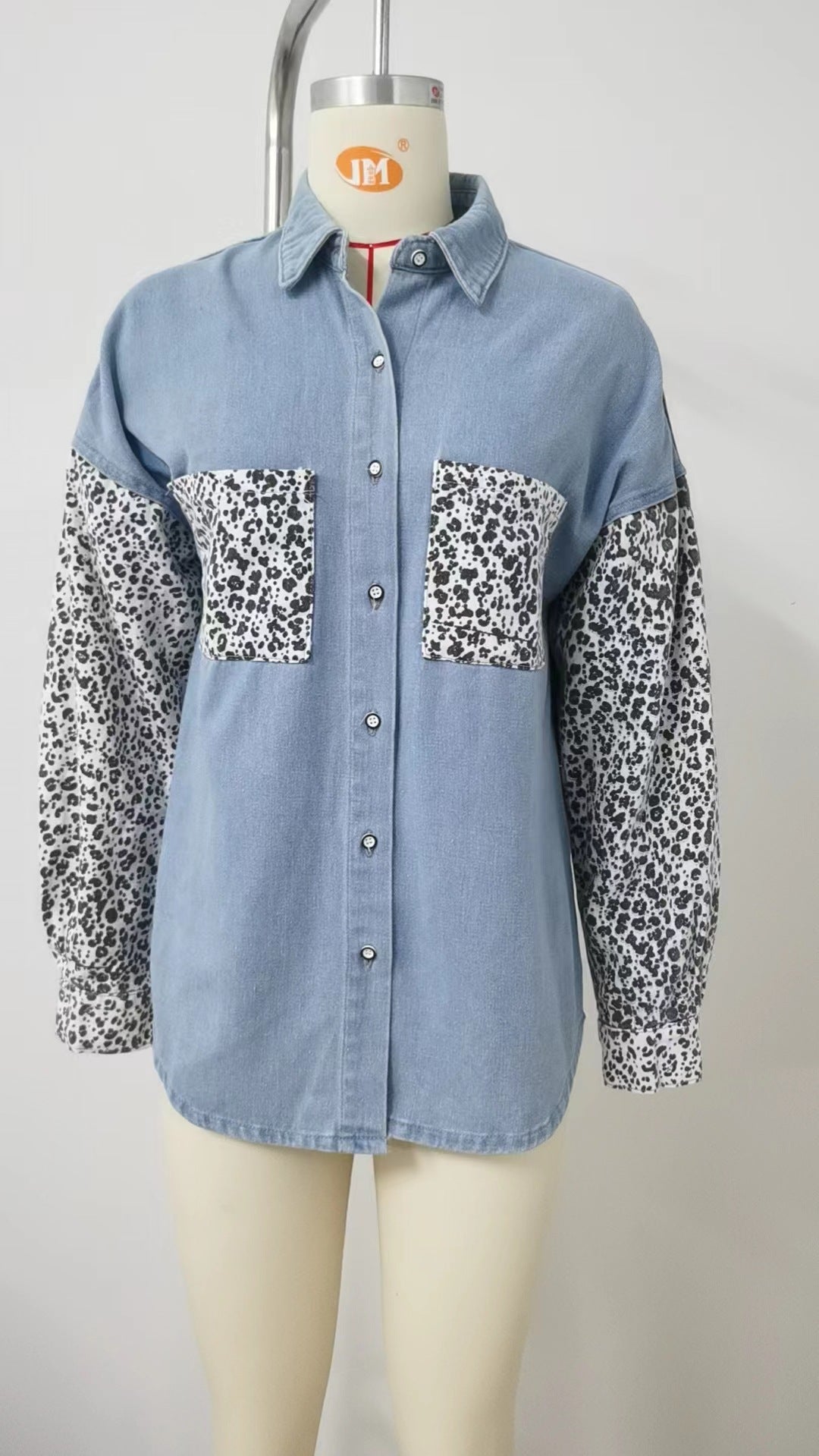 Women Loose Leopard Patchwork Denim Long Sleeve Shirt 11