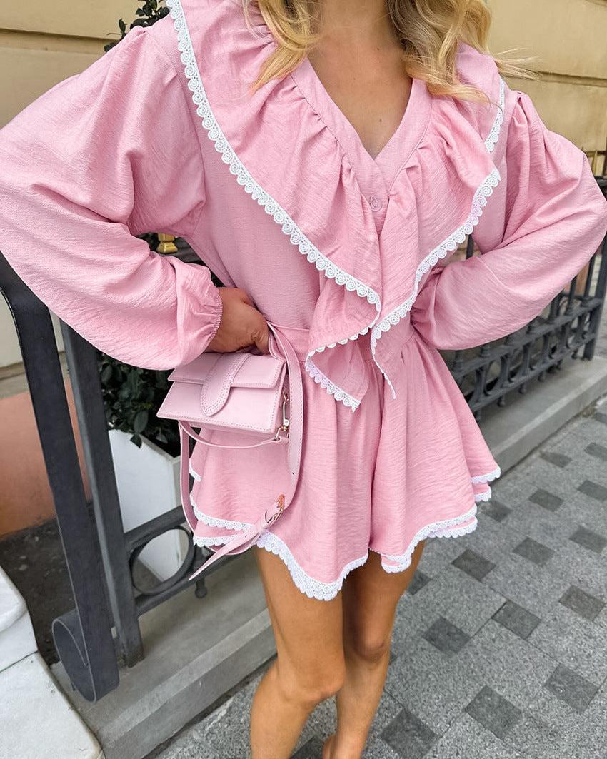 Women French layered ruffle Turndown Collar lantern sleeve loose shirt shorts Two Piece Set 3