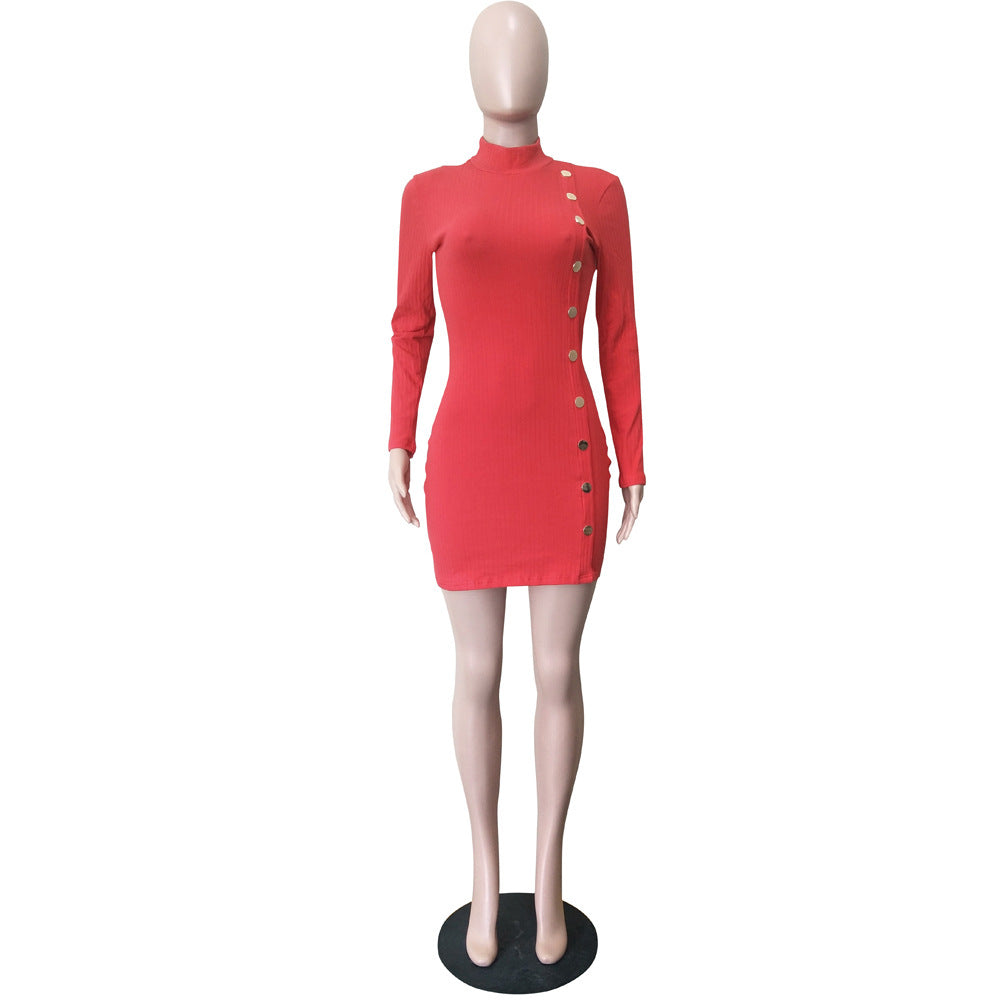 Women Fall and Winter Solid Single-breasted Asymmetric Sweater Dress 8