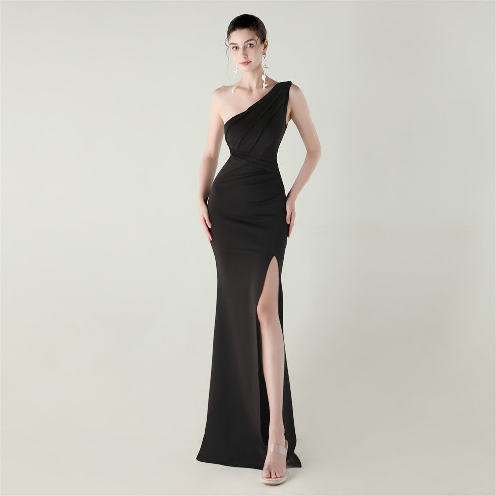 Women one-shoulder satin beaded sexy slit evening dress 5