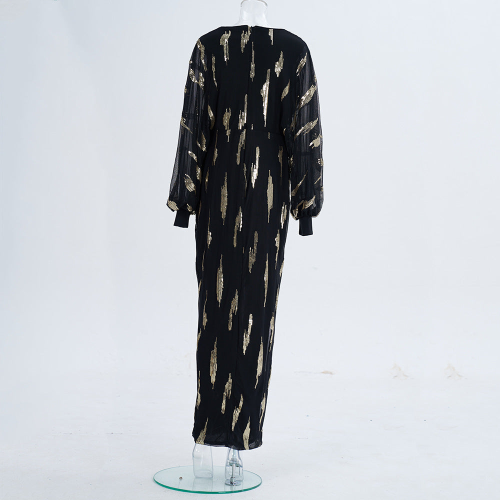 Women long sleeve V-neck sexy sequin Formal Party Maxi evening dress 10