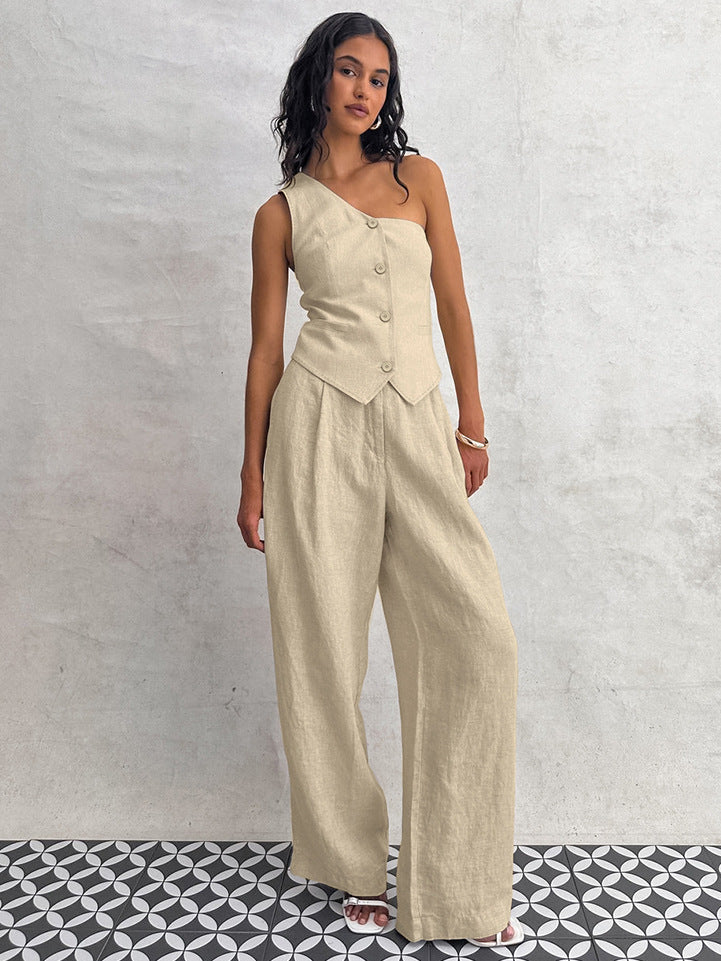Spring Summer Linen Sleeveless Slash Shoulder Vest Wide Leg Pants Fashionable Two-Piece Set 6