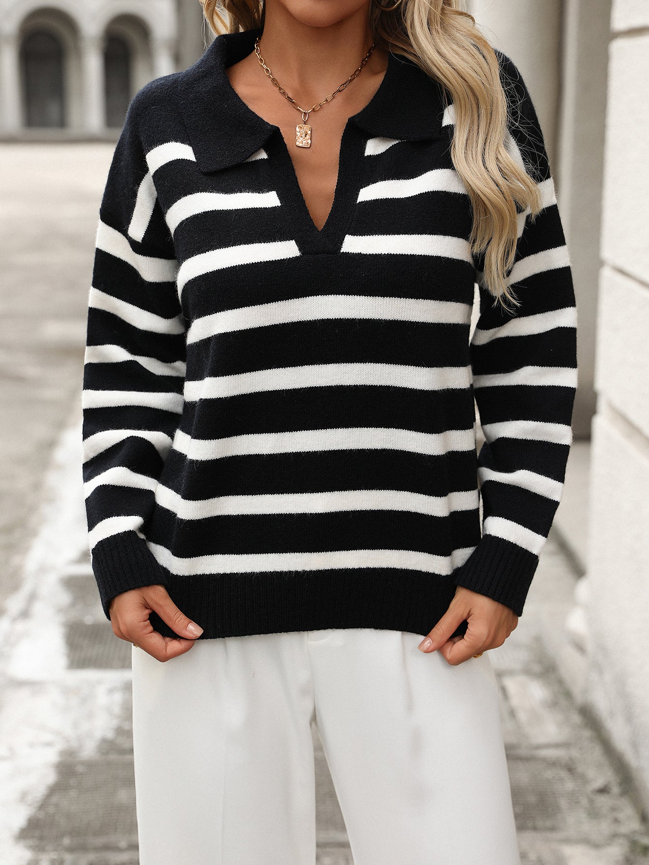 Autumn And Winter Women's Fashion Stripe Turndown Collar Loose Knitting Sweater 12