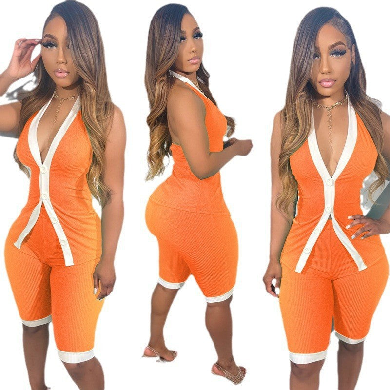 Women sexy contrast v-neck Halter Neck Top and Shorts two-piece set 8