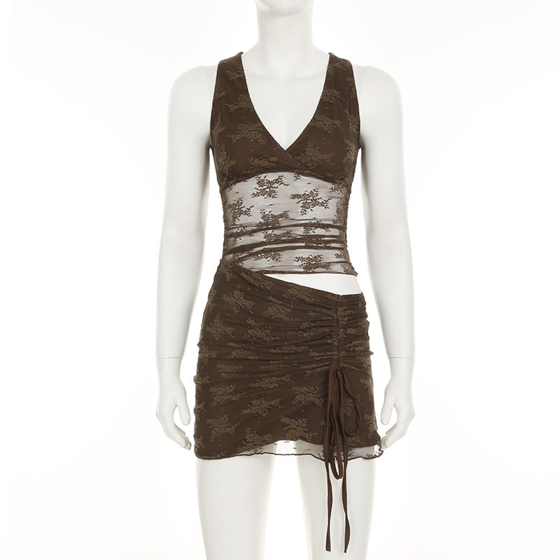 Summer Lace Patchwork See-Through Hollow Pleated Sleeveless Bodycon Dress 7