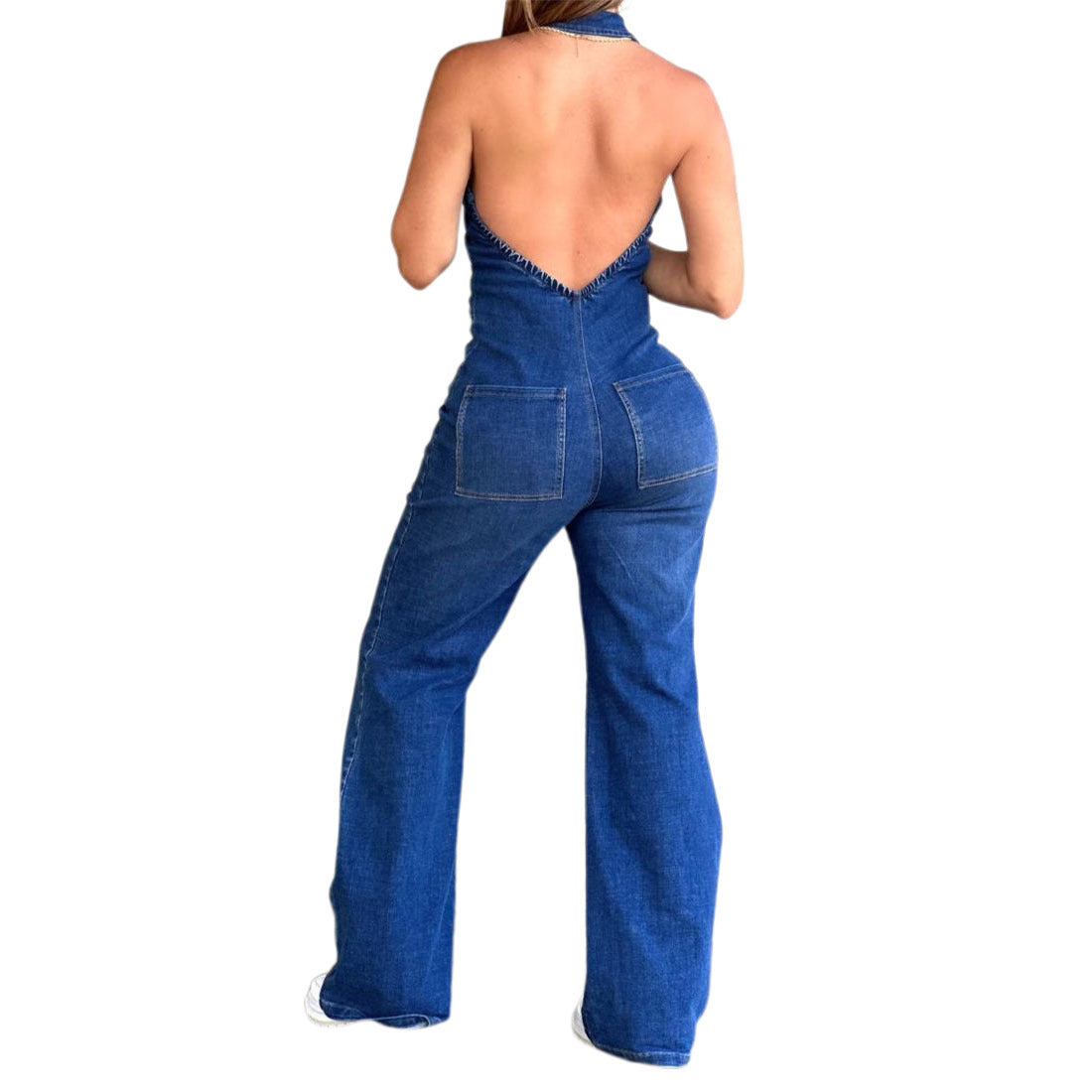Women's Spring Sleeveless Fashion Halter Low Back Denim Jumpsuit 4