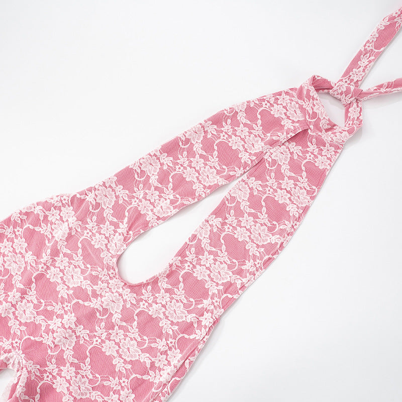 Women Spring and Summer Lace Halter Neck Lace-Up Hollow Backless Jumpsuit 14