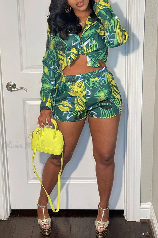 Women summer printed long-sleeved shirt and shorts Casual two-piece set
