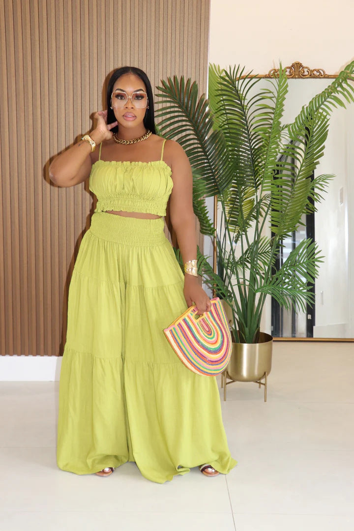 Summer/Autumn African Solid Color Strap Top & Loose Wide Leg Pants Fashion Plus Size Two-Piece Set 5