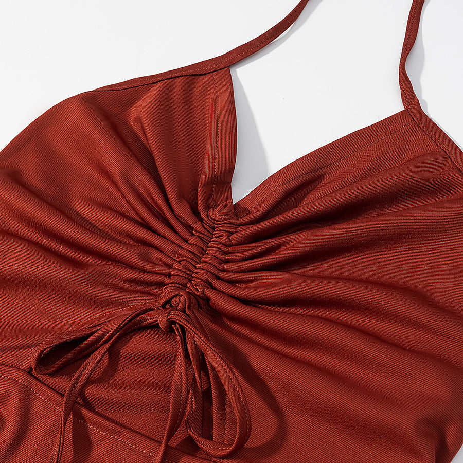 Summer Women's Fashion Slim Fit Lace-Up Drawstring Halter Neck Mini Dress 7